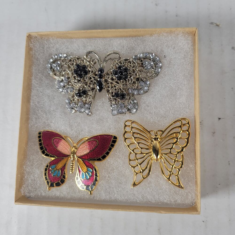 Set of 3 Gold & Silver Tone Butterfly Classic Retro Feminine  Brooches